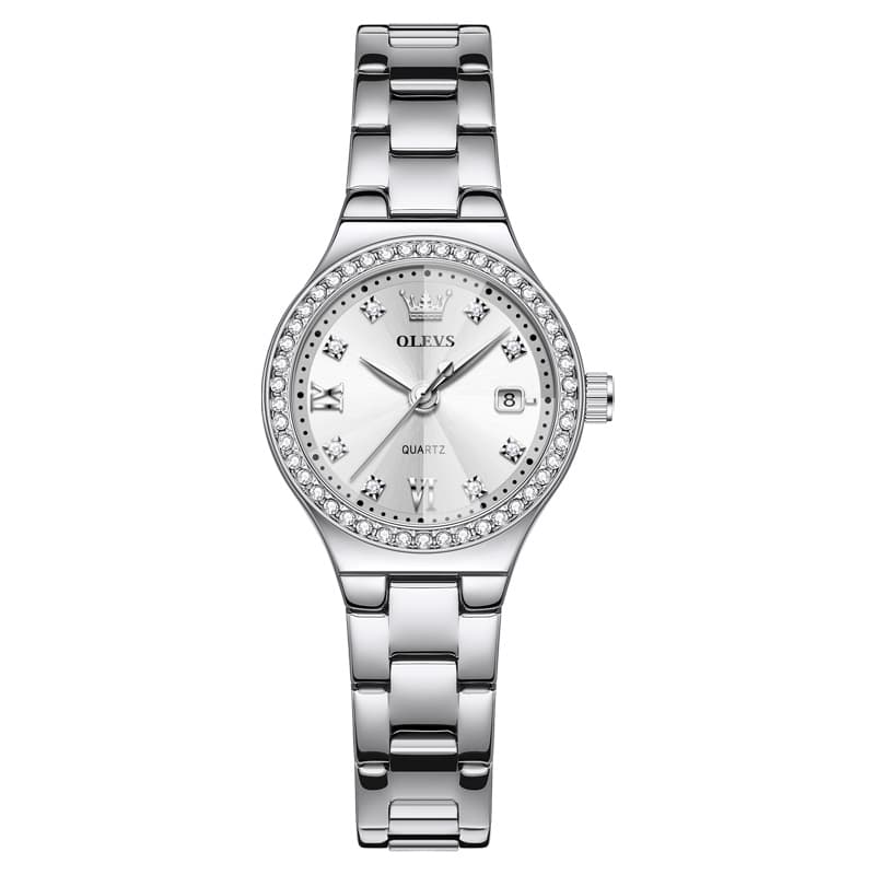 OLEVS Women Diamond Bezel Watch Petite Pastel Sunray Silver Stainless Steel Date Quartz 5628 - Olevs Watch Store