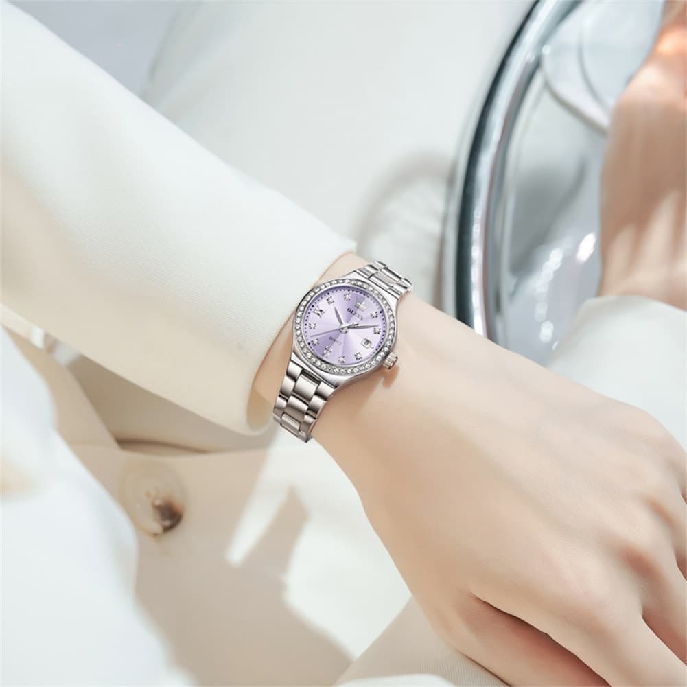 OLEVS Women Diamond Bezel Watch Petite Pastel Sunray Silver Stainless Steel Date Quartz 5628 - Olevs Watch Store