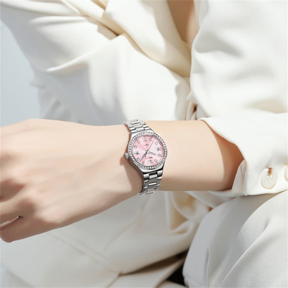 OLEVS Women Diamond Bezel Watch Petite Pastel Sunray Silver Stainless Steel Date Quartz 5628 - Olevs Watch Store