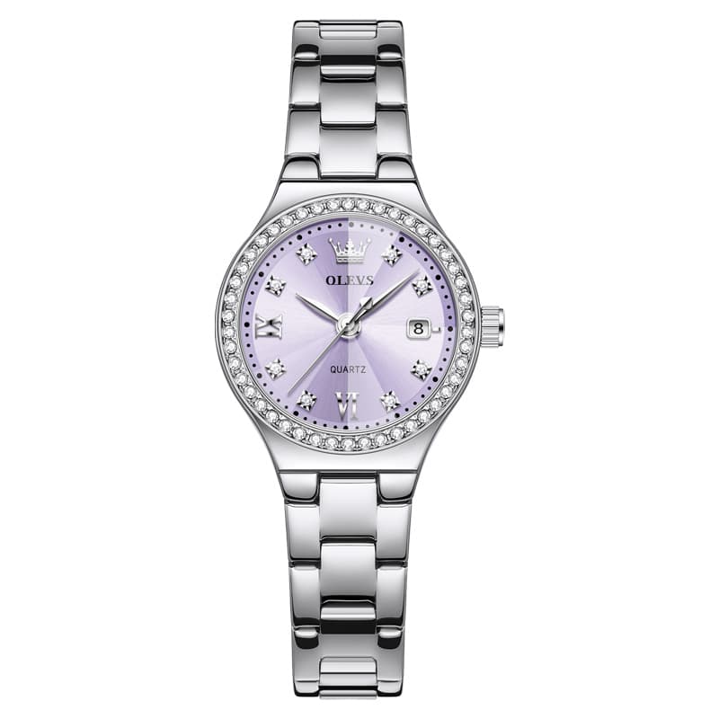 OLEVS Women Diamond Bezel Watch Petite Pastel Sunray Silver Stainless Steel Date Quartz 5628 - Olevs Watch Store