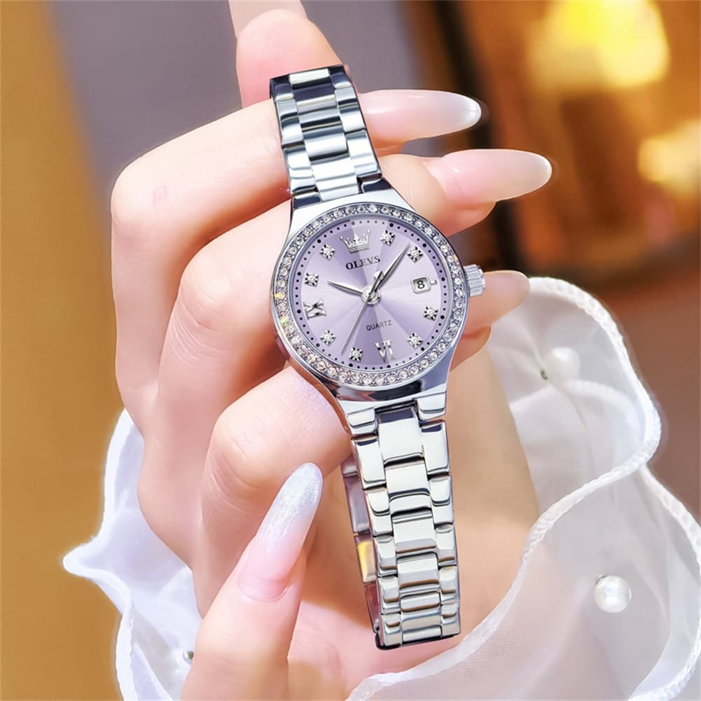 OLEVS Women Diamond Bezel Watch Petite Pastel Sunray Silver Stainless Steel Date Quartz 5628 - Olevs Watch Store