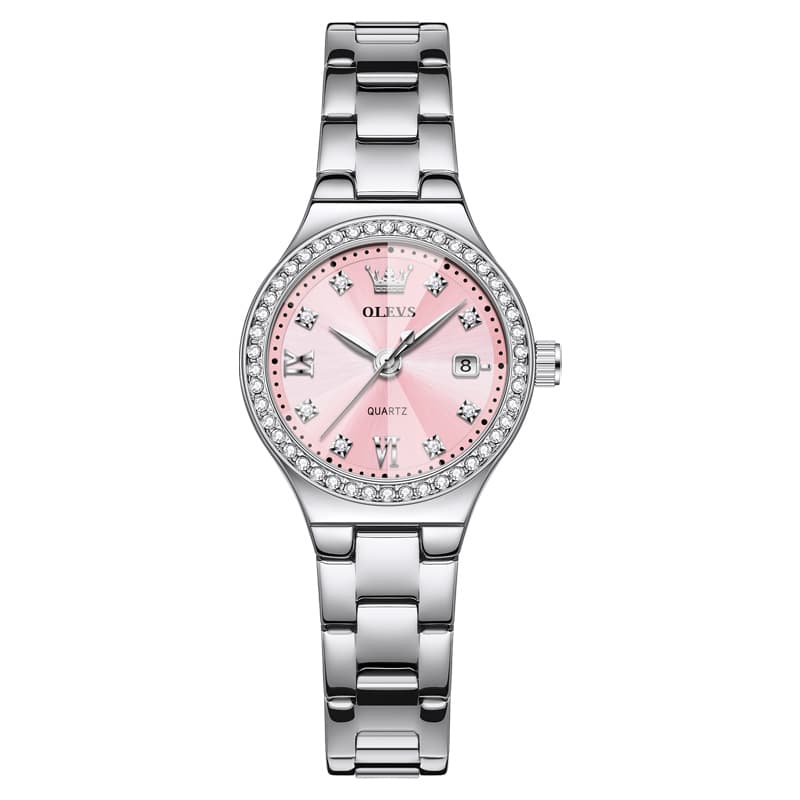 OLEVS Women Diamond Bezel Watch Petite Pastel Sunray Silver Stainless Steel Date Quartz 5628 - Olevs Watch Store