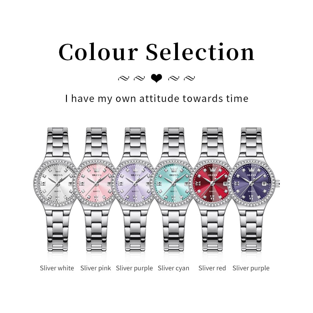OLEVS Women Diamond Bezel Watch Petite Pastel Sunray Silver Stainless Steel Date Quartz 5628 - Olevs Watch Store