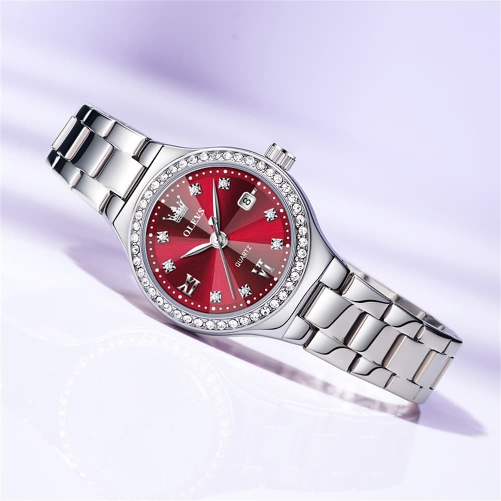 OLEVS Women Diamond Bezel Watch Petite Pastel Sunray Silver Stainless Steel Date Quartz 5628 - Olevs Watch Store