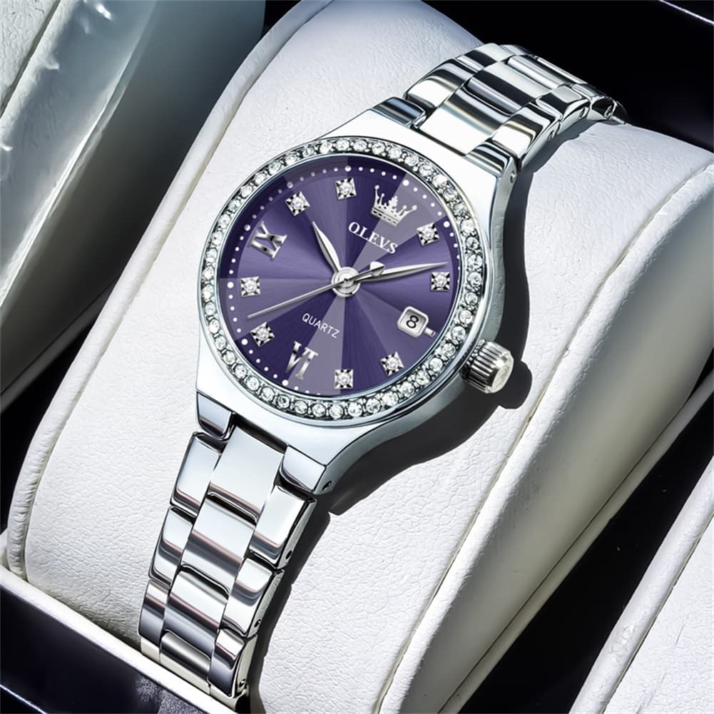 OLEVS Women Diamond Bezel Watch Petite Pastel Sunray Silver Stainless Steel Date Quartz 5628 - Olevs Watch Store