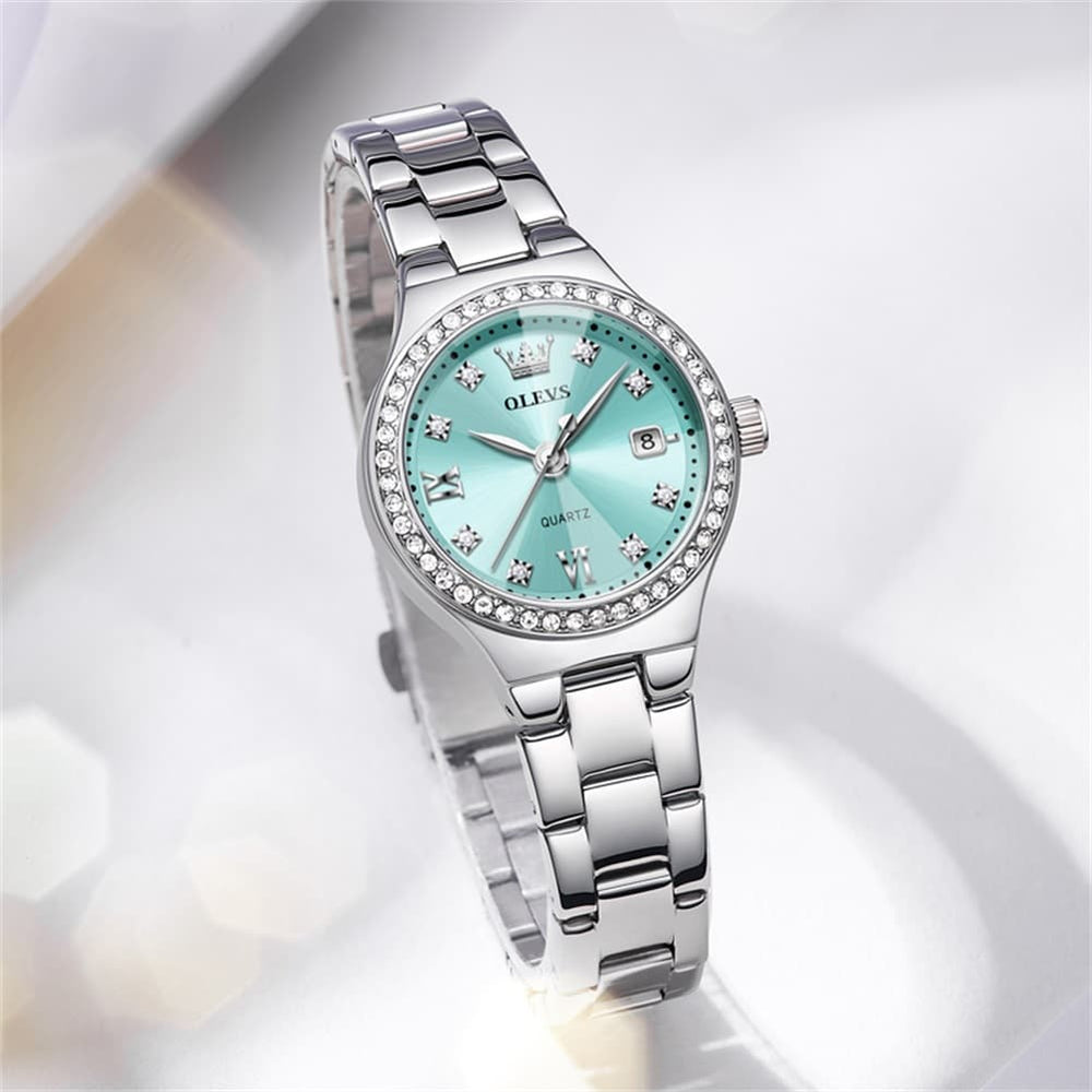 OLEVS Women Diamond Bezel Watch Petite Pastel Sunray Silver Stainless Steel Date Quartz 5628 - Olevs Watch Store