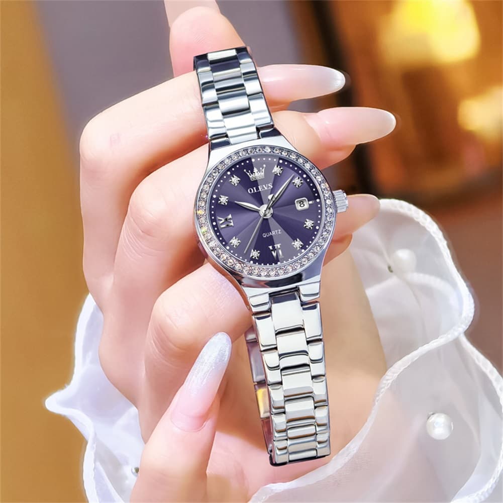 OLEVS Women Diamond Bezel Watch Petite Pastel Sunray Silver Stainless Steel Date Quartz 5628 - Olevs Watch Store