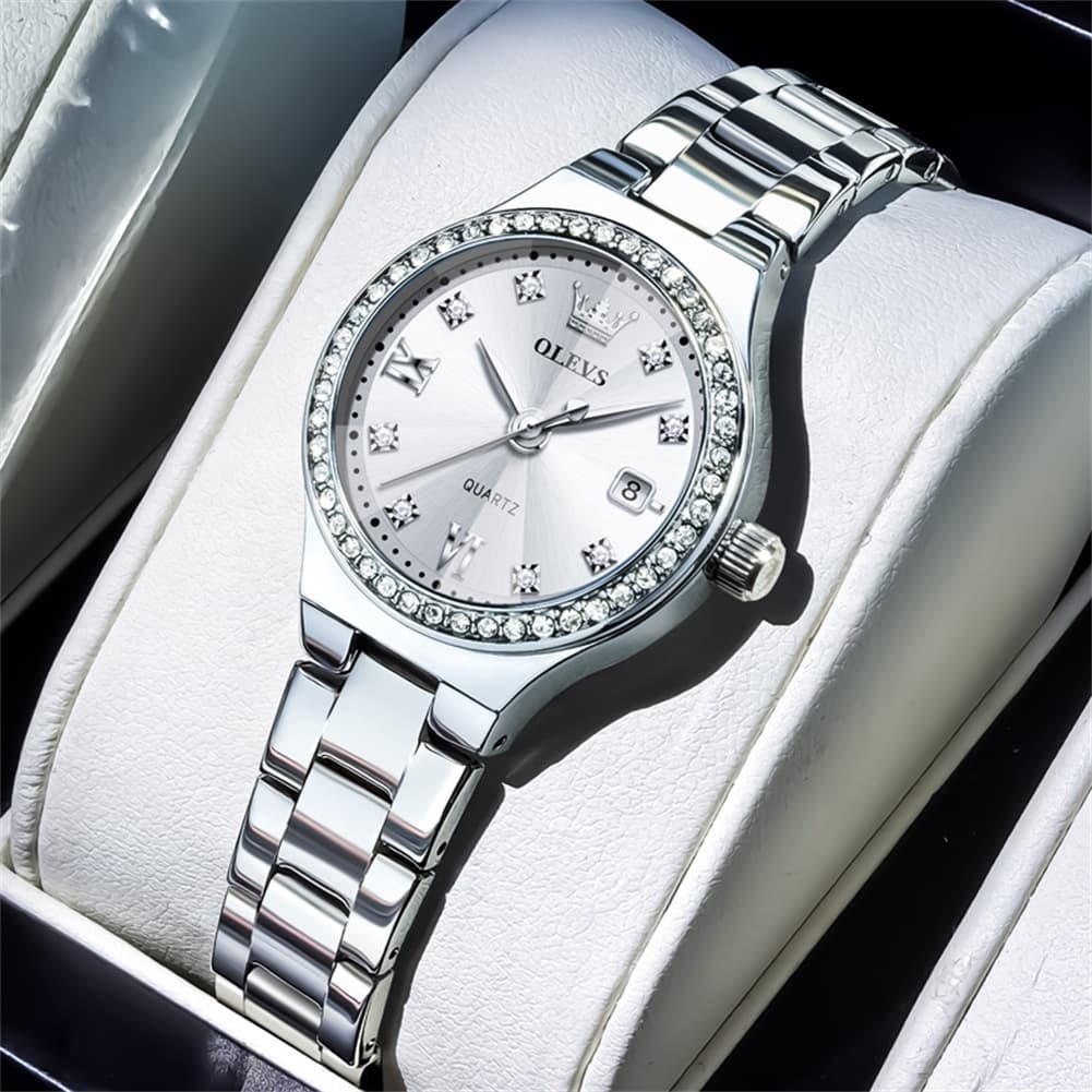 OLEVS Women Diamond Bezel Watch Petite Pastel Sunray Silver Stainless Steel Date Quartz 5628 - Olevs Watch Store