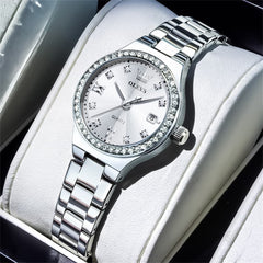 OLEVS Women Diamond Bezel Watch Petite Pastel Sunray Silver Stainless Steel Date Quartz 5628 - Olevs Watch Store