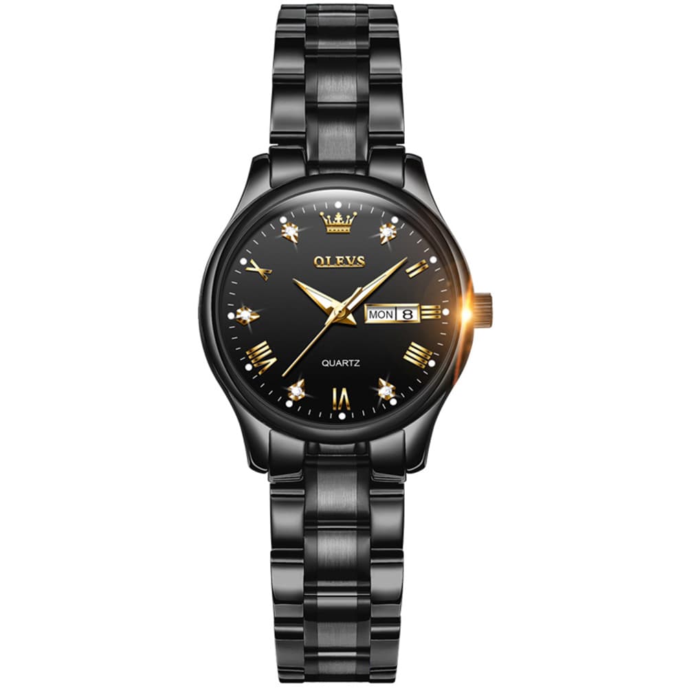 OLEVS Women Diamond Dress Watch Two Tone Stainless Steel Quartz Day Date 5563 - Black Watch | Olevs Watch Store