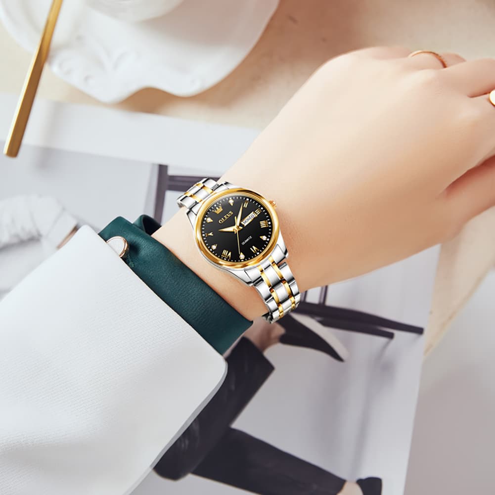 OLEVS Women Diamond Dress Watch Two Tone Stainless Steel Quartz Day Date 5563 - Black Watch | Olevs Watch Store