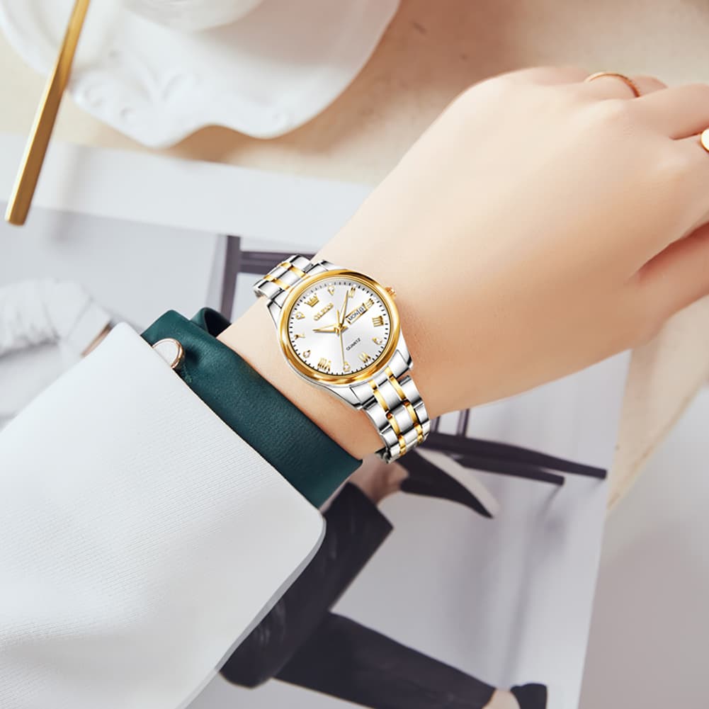 OLEVS Women Diamond Dress Watch Two Tone Stainless Steel Quartz Day Date 5563 - Black Watch | Olevs Watch Store