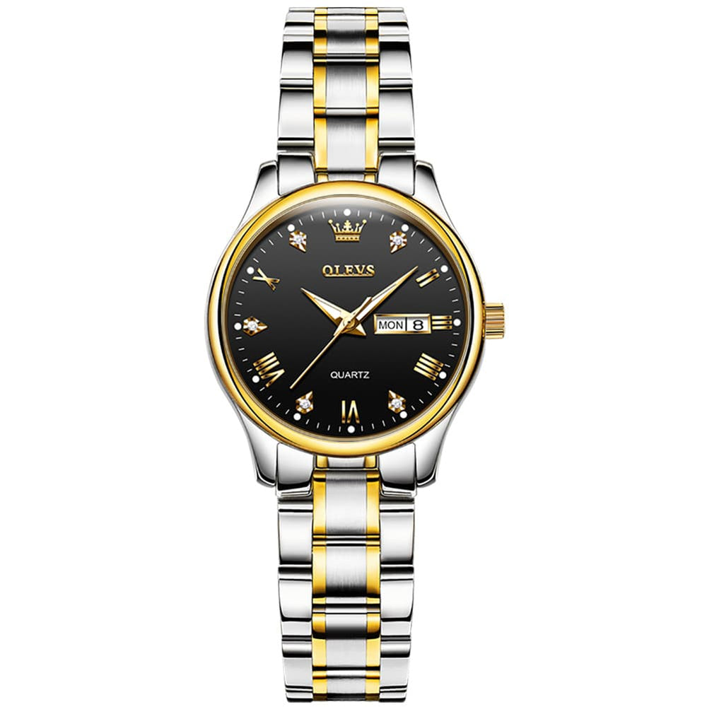 OLEVS Women Diamond Dress Watch Two Tone Stainless Steel Quartz Day Date 5563 - Black Watch | Olevs Watch Store
