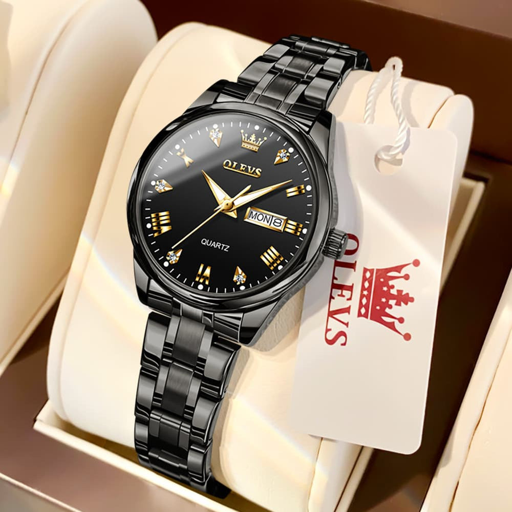 OLEVS Women Diamond Dress Watch Two Tone Stainless Steel Quartz Day Date 5563 - Black Watch | Olevs Watch Store