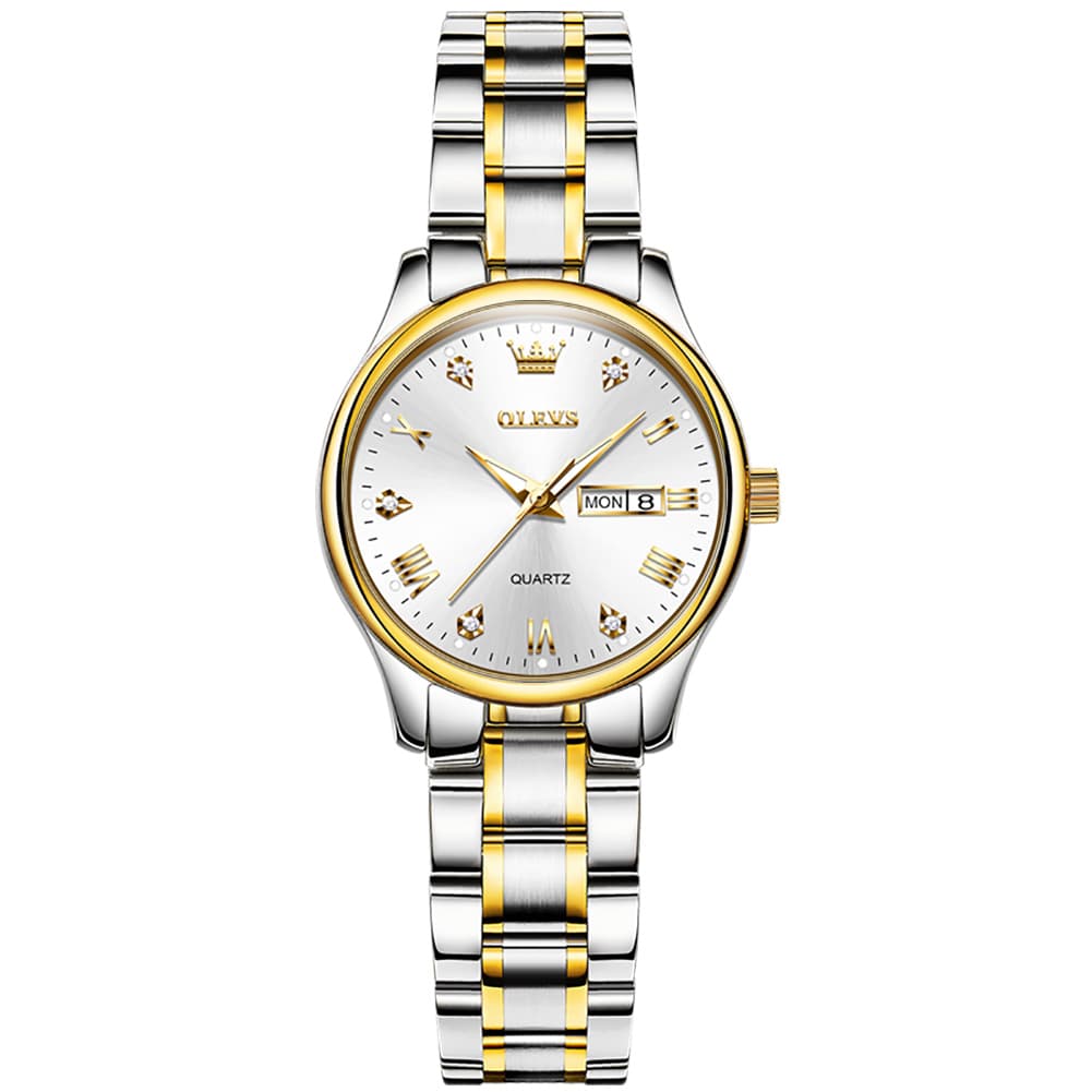 OLEVS Women Diamond Dress Watch Two Tone Stainless Steel Quartz Day Date 5563 - Black Watch | Olevs Watch Store