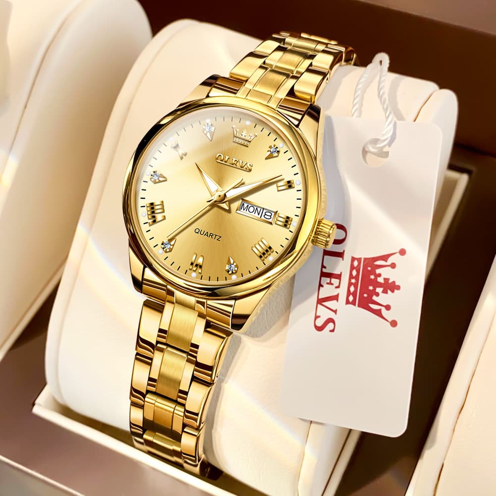 OLEVS Women Diamond Dress Watch Two Tone Stainless Steel Quartz Day Date 5563 - All Gold Watch | Olevs Watch Store
