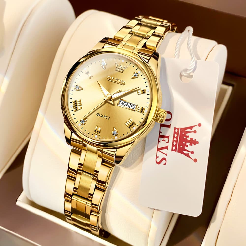 OLEVS Women Diamond Dress Watch Two Tone Stainless Steel Quartz Day Date 5563 - All Gold Watch | Olevs Watch Store