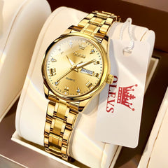 OLEVS Women Diamond Dress Watch Two Tone Stainless Steel Quartz Day Date 5563 - All Gold Watch | Olevs Watch Store