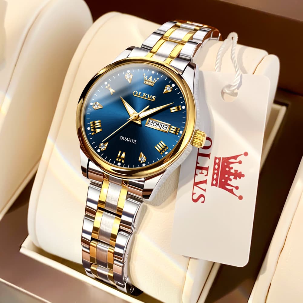 OLEVS Women Diamond Dress Watch Two Tone Stainless Steel Quartz Day Date 5563 - Tone Blue Watch | Olevs Watch Store
