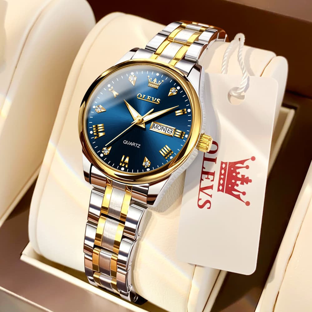 OLEVS Women Diamond Dress Watch Two Tone Stainless Steel Quartz Day Date 5563 - Tone Blue Watch | Olevs Watch Store