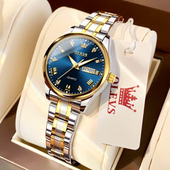 OLEVS Women Diamond Dress Watch Two Tone Stainless Steel Quartz Day Date 5563 - Tone Blue Watch | Olevs Watch Store