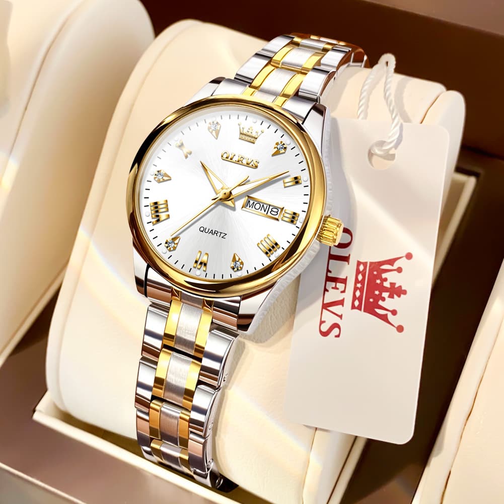 OLEVS Women Diamond Dress Watch Two Tone Stainless Steel Quartz Day Date 5563 - Tone White Watch | Olevs Watch Store