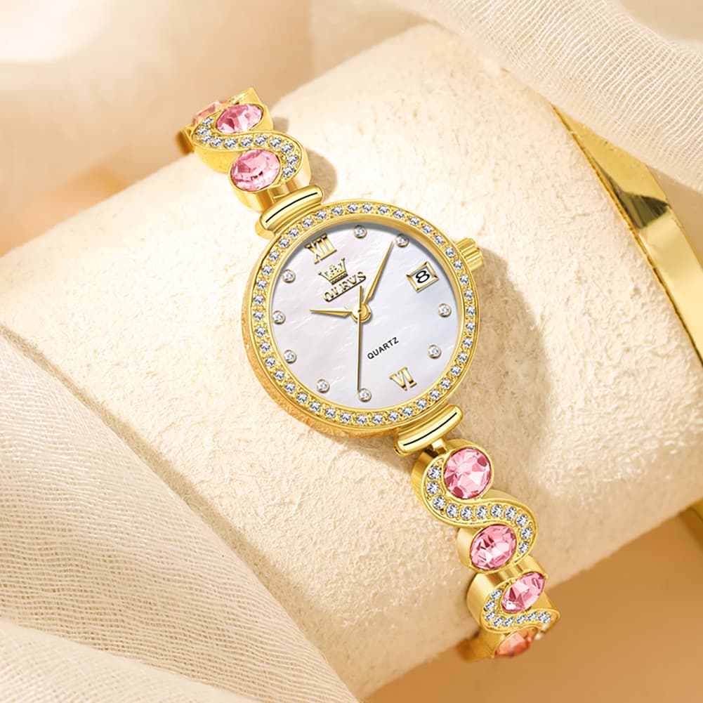 OLEVS Women Jewelry Bracelet Watch Pink Diamond Mother of Pearl Date Quartz 5633 - Gold Pink Diamond | Olevs Watch Store