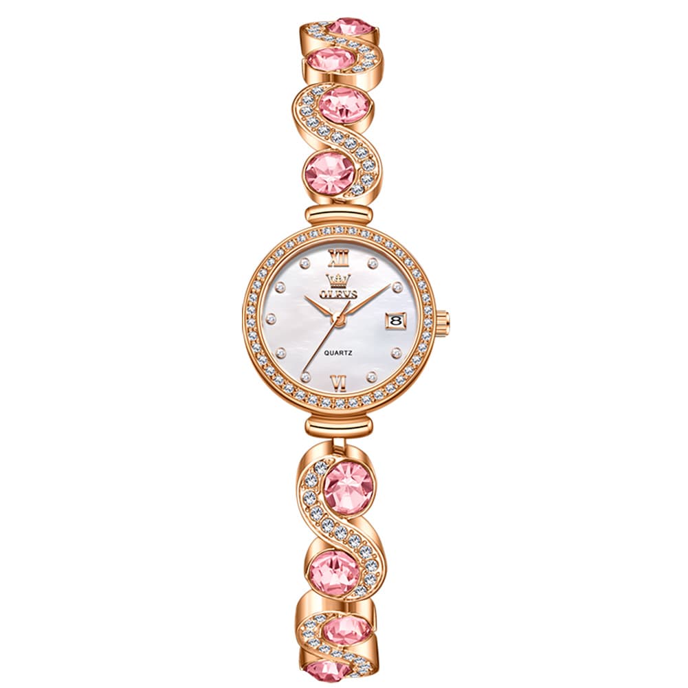 OLEVS Women Jewelry Bracelet Watch Pink Diamond Mother of Pearl Date Quartz 5633 - Silver Pink Diamond | Olevs Watch Store