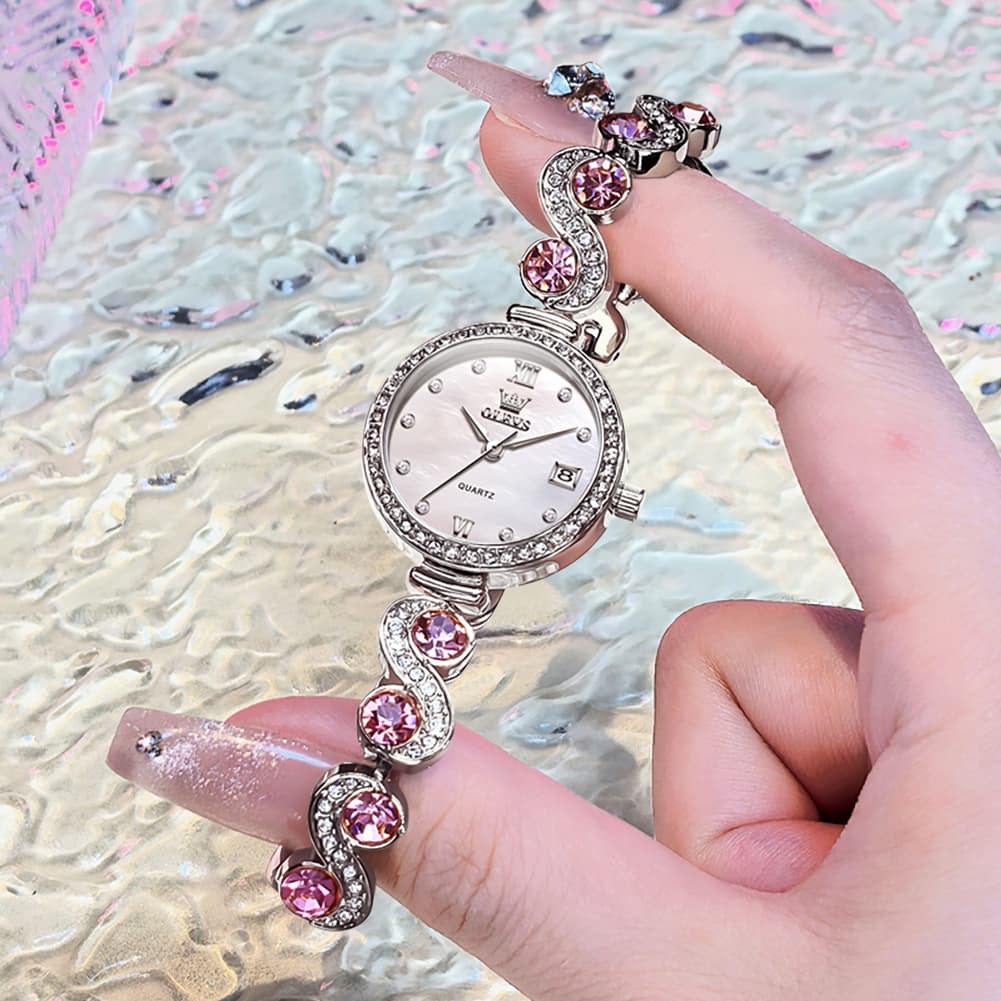 OLEVS Women Jewelry Bracelet Watch Pink Diamond Mother of Pearl Date Quartz 5633 - Silver Pink Diamond | Olevs Watch Store