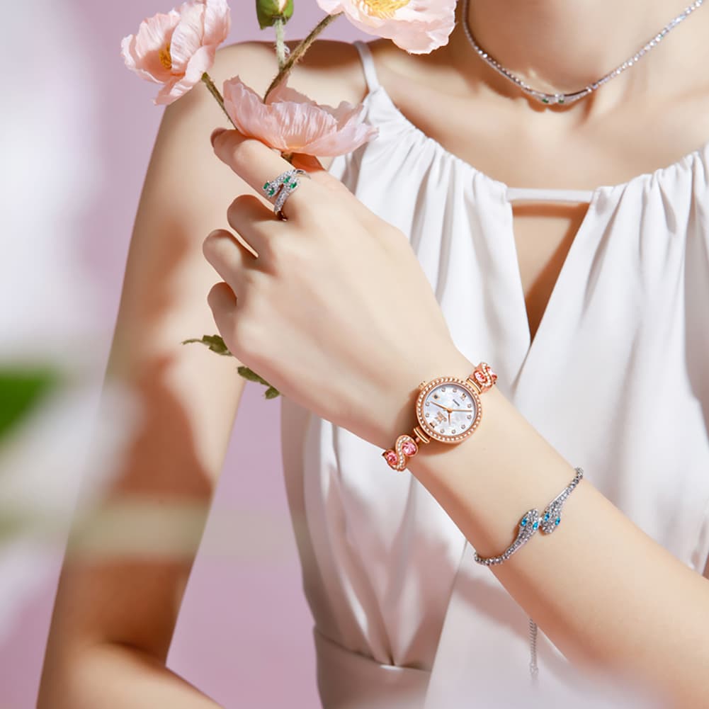 OLEVS Women Jewelry Bracelet Watch Pink Diamond Mother of Pearl Date Quartz 5633 - Silver Pink Diamond | Olevs Watch Store