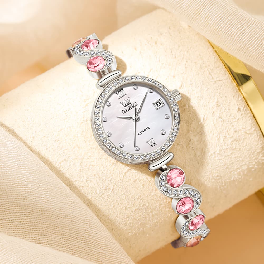 OLEVS Women Jewelry Bracelet Watch Pink Diamond Mother of Pearl Date Quartz 5633 - Silver Pink Diamond | Olevs Watch Store
