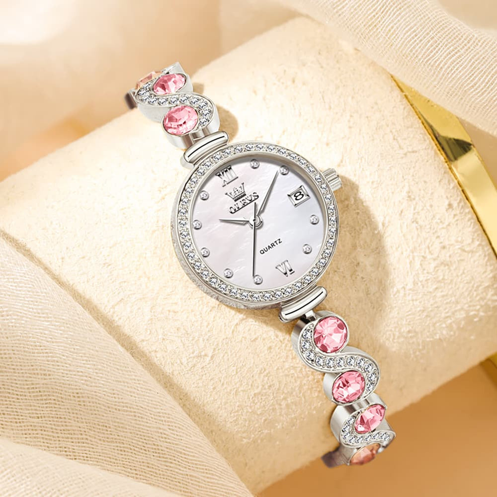 OLEVS Women Jewelry Bracelet Watch Pink Diamond Mother of Pearl Date Quartz 5633 - Silver Pink Diamond | Olevs Watch Store