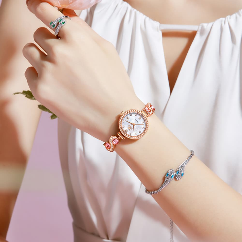 OLEVS Women Jewelry Bracelet Watch Pink Diamond Mother of Pearl Date Quartz 5633 - Silver Pink Diamond | Olevs Watch Store