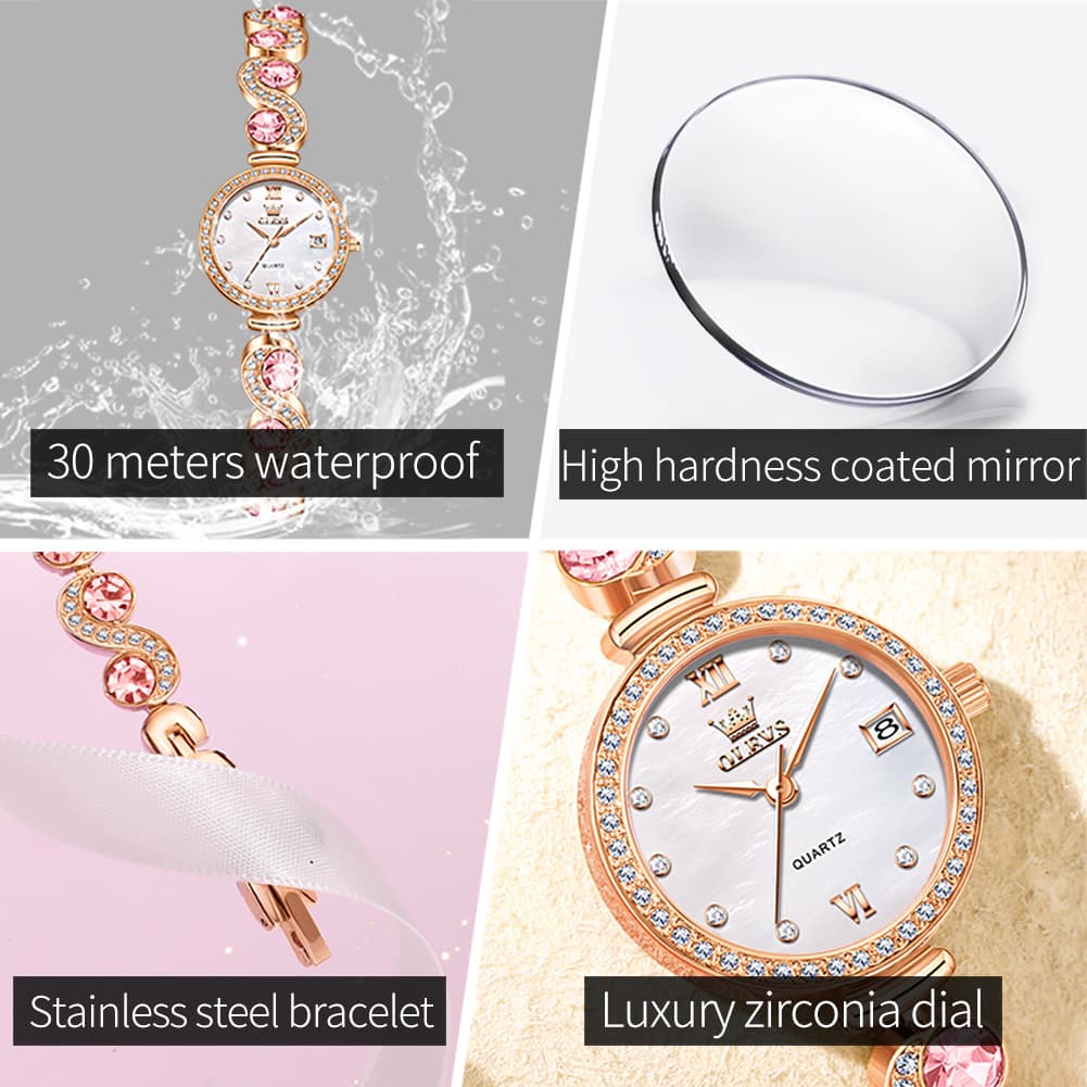 OLEVS Women Jewelry Bracelet Watch Pink Diamond Mother of Pearl Date Quartz 5633 - Silver Pink Diamond | Olevs Watch Store