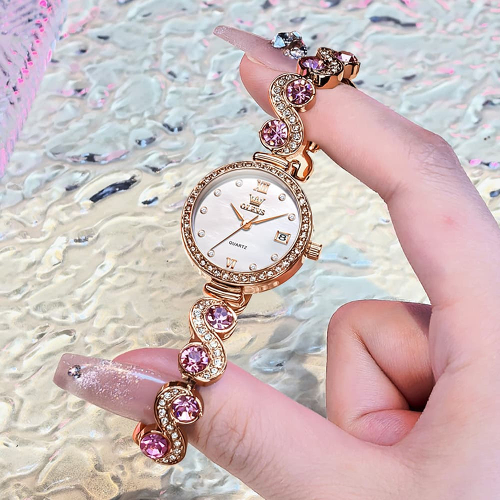 OLEVS Women Jewelry Bracelet Watch Pink Diamond Mother of Pearl Date Quartz 5633 - Silver Pink Diamond | Olevs Watch Store