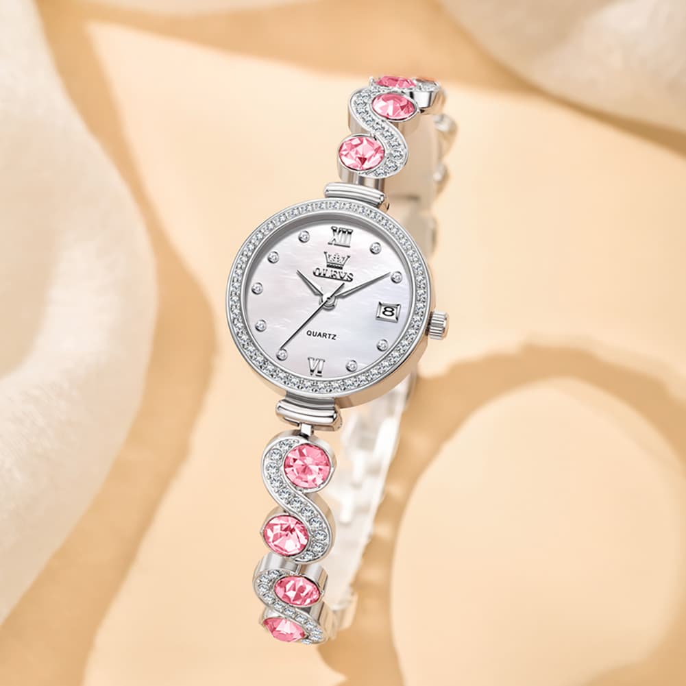 OLEVS Women Jewelry Bracelet Watch Pink Diamond Mother of Pearl Date Quartz 5633 - Silver Pink Diamond | Olevs Watch Store