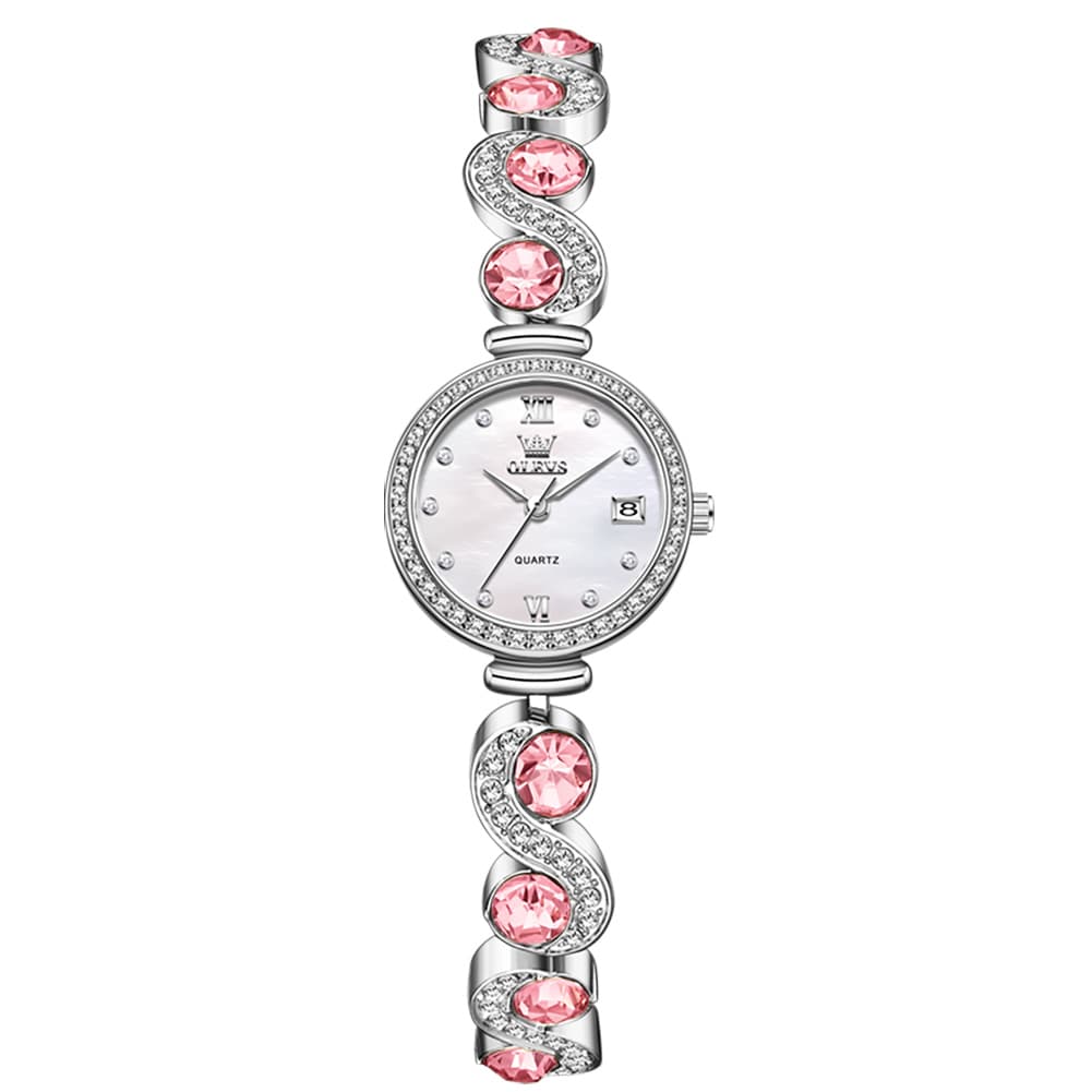 OLEVS Women Jewelry Bracelet Watch Pink Diamond Mother of Pearl Date Quartz 5633 - Silver Pink Diamond | Olevs Watch Store