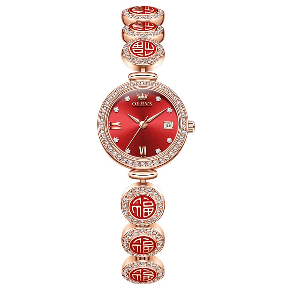 OLEVS Women Lucky Charm Watch Petite Diamond Bracelet Date Quartz 5630 - Rose Gold Red Dial Watch | Olevs Watch Store