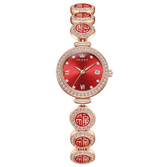 OLEVS Women Lucky Charm Watch Petite Diamond Bracelet Date Quartz 5630 - Rose Gold Red Dial Watch | Olevs Watch Store