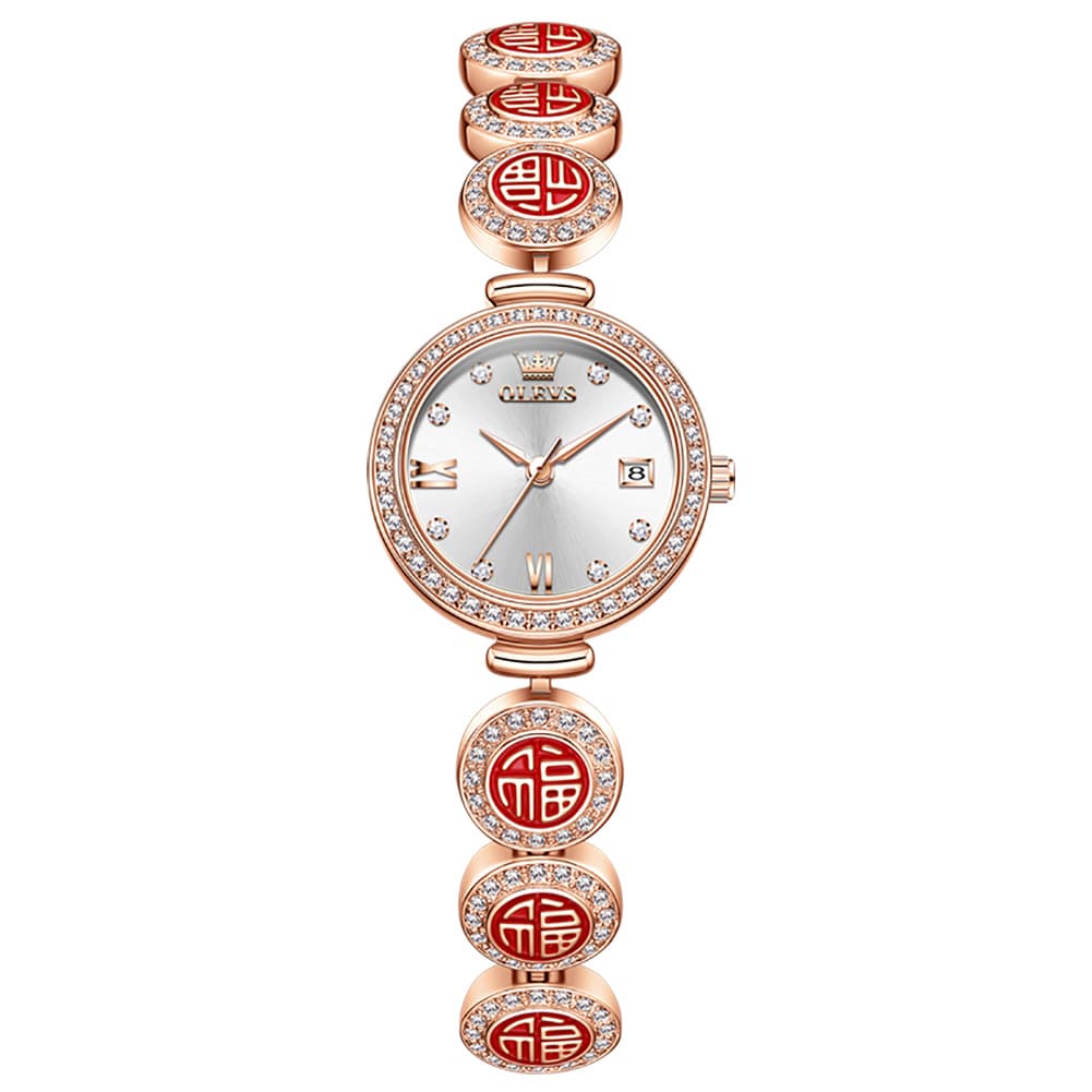 OLEVS Women Lucky Charm Watch Petite Diamond Bracelet Date Quartz 5630 - Rose Gold White Dial Watch | Olevs Watch Store