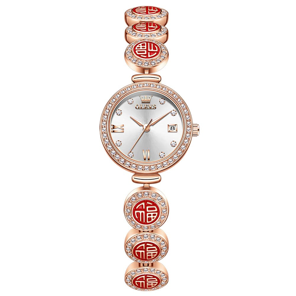 OLEVS Women Lucky Charm Watch Petite Diamond Bracelet Date Quartz 5630 - Rose Gold White Dial Watch | Olevs Watch Store
