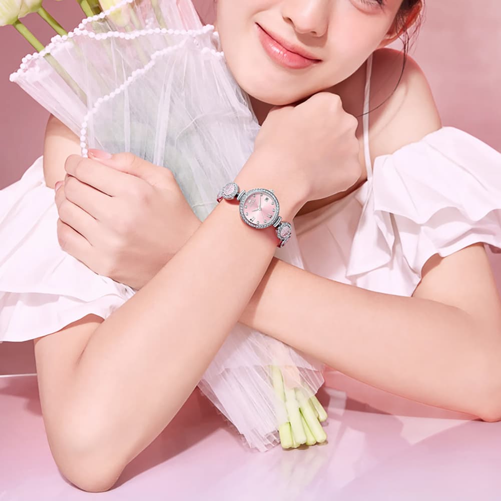 OLEVS Women Lucky Charm Watch Petite Diamond Bracelet Date Quartz 5630 - Silver Pink Dial Watch | Olevs Watch Store