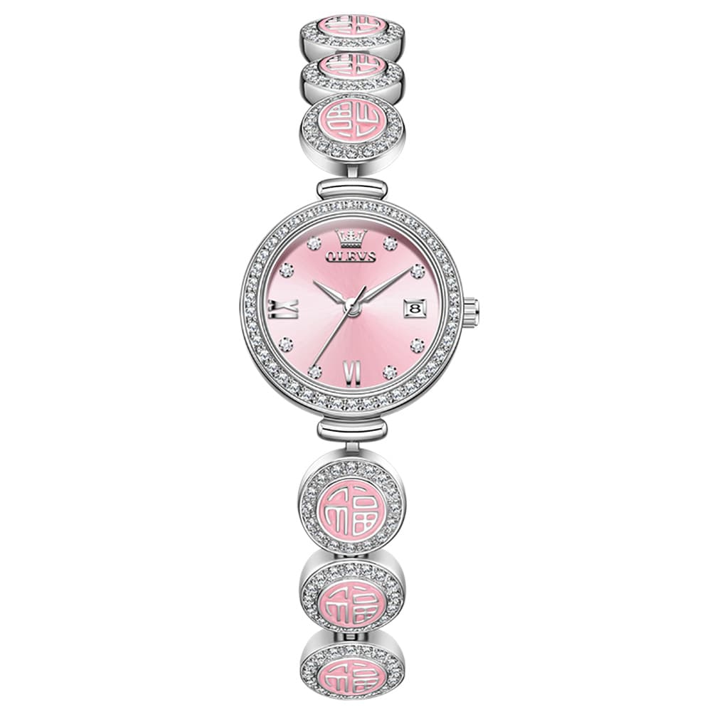 OLEVS Women Lucky Charm Watch Petite Diamond Bracelet Date Quartz 5630 - Silver Pink Dial Watch | Olevs Watch Store