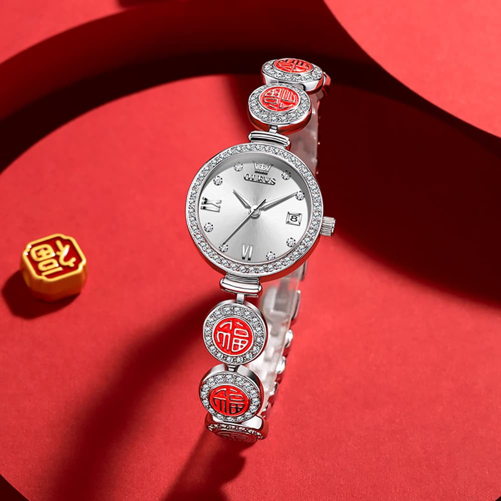 OLEVS Women Lucky Charm Watch Petite Diamond Bracelet Date Quartz 5630 - Silver Pink Dial Watch | Olevs Watch Store