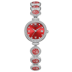 OLEVS Women Lucky Charm Watch Petite Diamond Bracelet Date Quartz 5630 - Silver Red Dial Watch | Olevs Watch Store