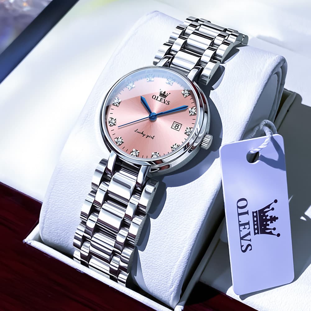 OLEVS Women Lucky Diamond Dress Watch Stainless Steel Quartz Date 5575 - Pink Diamond Watch | Olevs Watch Store