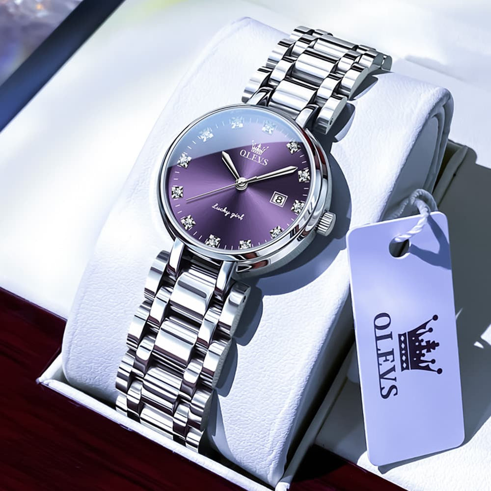 OLEVS Women Lucky Diamond Dress Watch Stainless Steel Quartz Date 5575 - Purple Diamond Watch | Olevs Watch Store