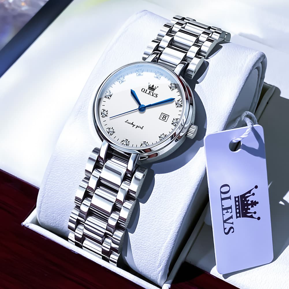 OLEVS Women Lucky Diamond Dress Watch Stainless Steel Quartz Date 5575 - White Diamond Watch | Olevs Watch Store