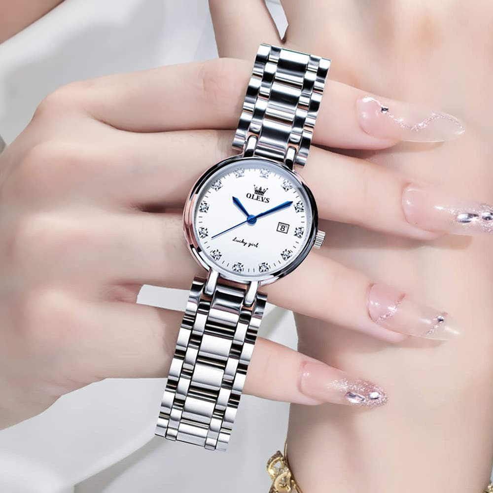 OLEVS Women Lucky Diamond Dress Watch Stainless Steel Quartz Date 5575 - White Roman Watch | Olevs Watch Store