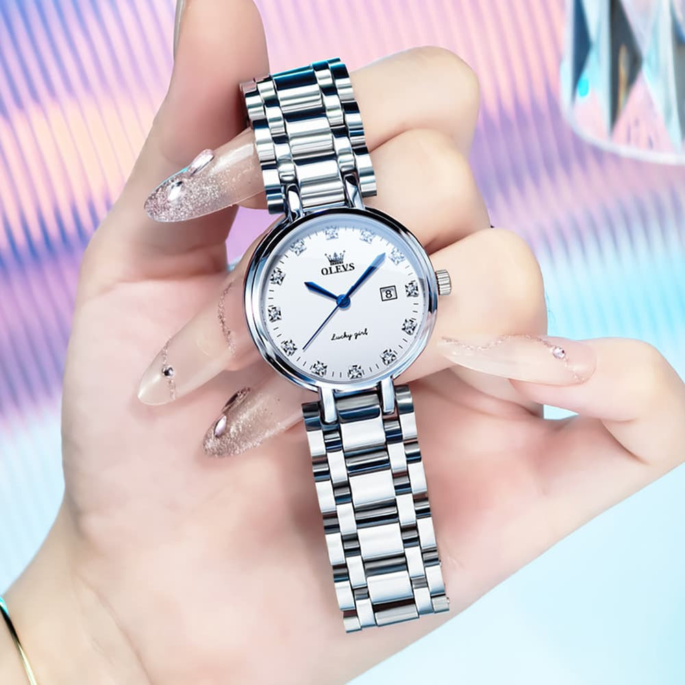 OLEVS Women Lucky Diamond Dress Watch Stainless Steel Quartz Date 5575 - White Roman Watch | Olevs Watch Store